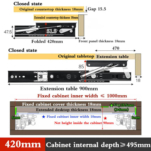 Heavy-Duty Drawer Slides With Soft-Close Ball Bearings Hidden Guides For Kitchen Cabinets, dimensions and installation details.