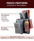 Three Pouch Pro Fastener Bag For Carpenters With Nine Pockets And Dedicated Tool Holders Black Made In USA Durable Leather