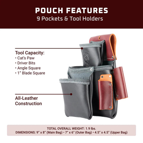 Three Pouch Pro Fastener Bag For Carpenters With Nine Pockets And Dedicated Tool Holders Black Made In USA Durable Leather