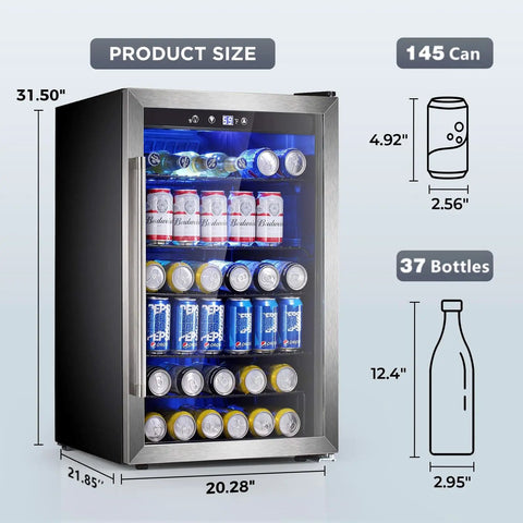 37 Bottle Freestanding Wine Cooler With Stainless Steel Reversible Glass Door And Quiet Compressor for Home Kitchen Bar showing size and capacity