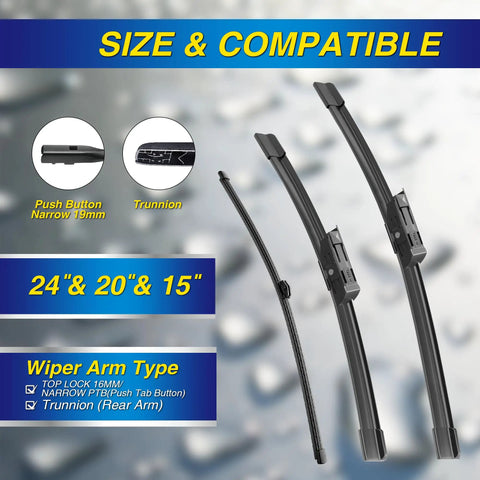 Image showing Premium Silicone Windshield Wiper Blades Replacement For Audi Q5 2018 To 2024 Set Of 3 with size and compatibility details.
