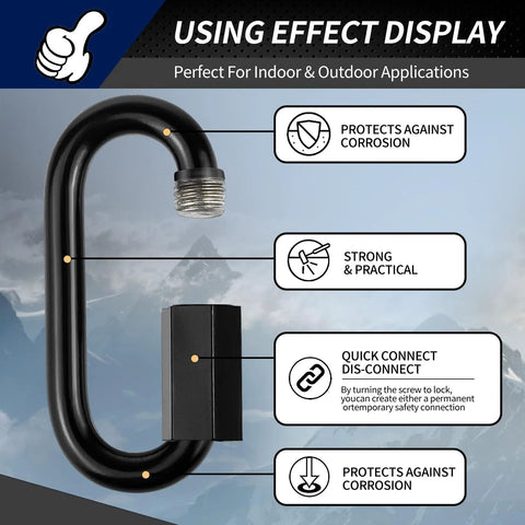 Eight Pack Heavy Duty Quick Links And Chain Hooks Set In Black Stainless Steel 304 Anti Rust Locking Carabiners Three Sixteenth Inch Size With 648 Pound Capacity Ideal For Towing Swing Shade Sail Bird Toys