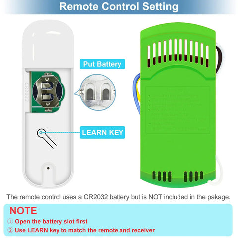 Universal Ceiling Fan Remote Control Kit with 3 Speed Settings and Light Dimmer, battery slot and learn key instructions.