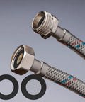 20 Pack Shower Head Gasket Set With Screen Filters And Rubber Washers For One Half Inch Hoses And Fixed Or Handheld Shower Heads, Stainless Steel Seal O Rings To Prevent Leaks And Keep Water Flow Strong, close-up of braided hose ends