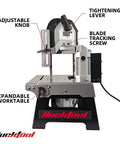 Shop Tough 5 Inch Metal Band Saw Featuring A Rock Solid 1.5 Hp Motor And Smooth Variable Speed Control For Seamless Cuts and Heavy Duty Benchtop Metal Fabrication with adjustable knob and blade tracking screw.