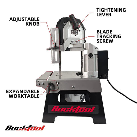 Shop Tough 5 Inch Metal Band Saw Featuring A Rock Solid 1.5 Hp Motor And Smooth Variable Speed Control For Seamless Cuts and Heavy Duty Benchtop Metal Fabrication with adjustable knob and blade tracking screw.