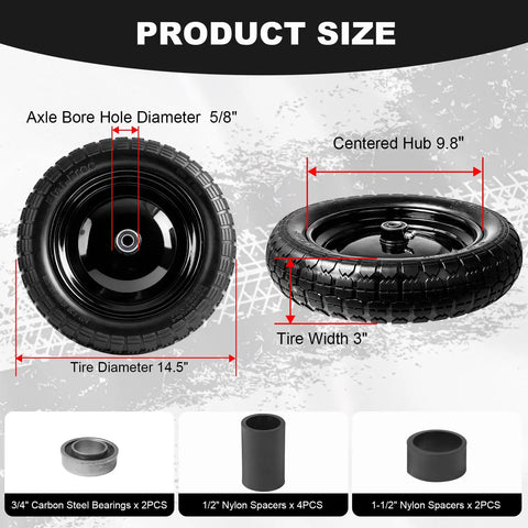Flat Free Wheelbarrow Tire 14.5 Inch No Flat 4.80 4.00 8 Size For Gardening And Yard Work Heavy Duty Replacement Tire specifications