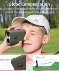 Top Notch Golf And Hunting Rangefinder Up To 1200 Yards With 7x Magnification Slope Switch For Tournament Legal Readings Magnetic Pole Mount Vibration Alerts IPX44 Waterproof Rechargeable Battery Green used by child on golf course