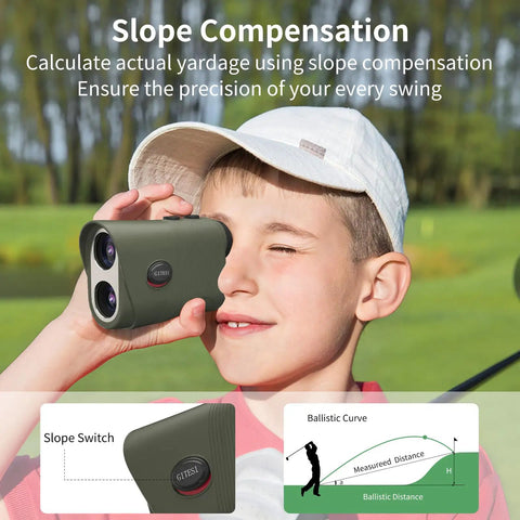 Top Notch Golf And Hunting Rangefinder Up To 1200 Yards With 7x Magnification Slope Switch For Tournament Legal Readings Magnetic Pole Mount Vibration Alerts IPX44 Waterproof Rechargeable Battery Green used by child on golf course