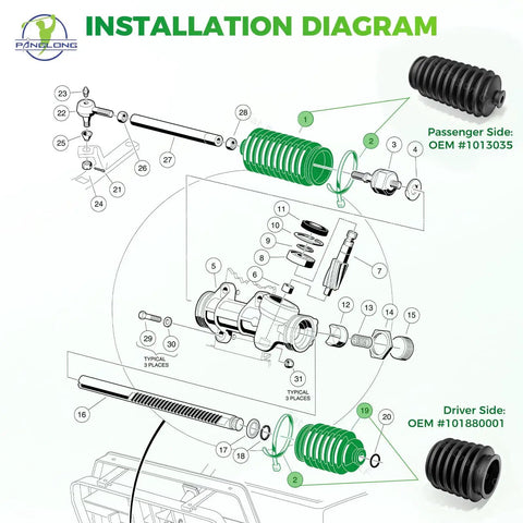 Installation diagram of Club Car DS Steering Rack Dust Boot for 1997 and Up Golf Carts Fits Gas and Electric Easy Install With Stainless Steel Cable Ties OEM 1013035 101880001