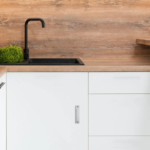 2-Piece Aluminum Cabinet Handles In White Finish For Kitchen Cupboards And Dresser Hardware, visible on cabinet door.