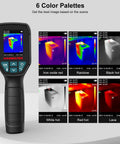 Thermal Imager With TISR 240 By 240 For Pro Grade Sharper Detail 96 By 96 VOx Sensor showing 6 color palettes on screen.