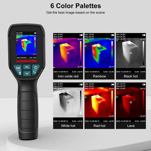 Thermal Imager With TISR 240 By 240 For Pro Grade Sharper Detail 96 By 96 VOx Sensor showing 6 color palettes on screen.