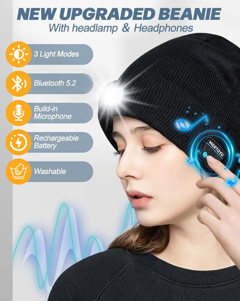 Bluetooth Beanie With Light USB Rechargeable LED Headlamp Winter Hat worn by model showing features