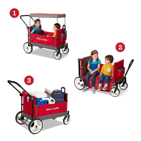 Convertible Wagon Stroller for Kids 1 Plus Beach Cart With Wheels All In One Red Wagon showing seats, canopy, and storage use.