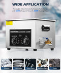15L Ultrasonic Cleaner With Knob, 760W Total Power, featuring control panel for temperature and time settings, shown with application icons