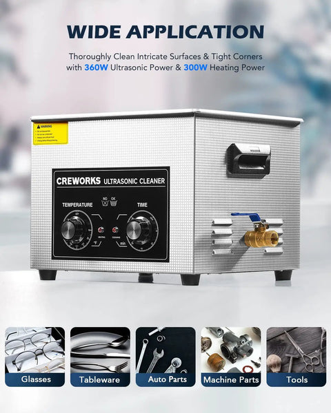 15L Ultrasonic Cleaner With Knob, 760W Total Power, featuring control panel for temperature and time settings, shown with application icons