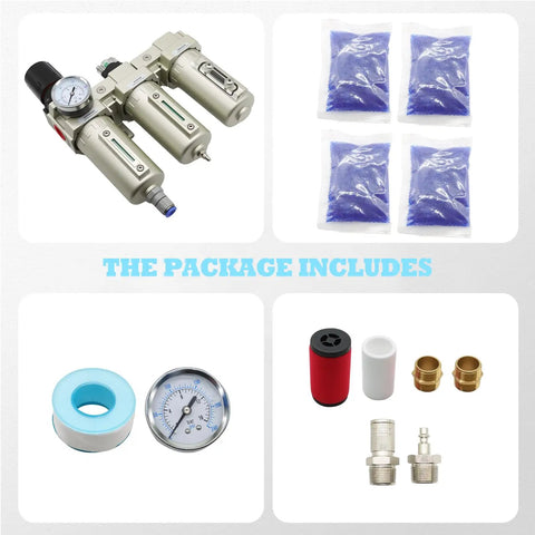 Pro Grade Three Stage Drying System With Coalescing Filter And Desiccant Dryer Auto Drain For Dry Air In Paint Spray And Plasma Cutter Setup For Pros Three Quarter Inch NPT Inlet package contents