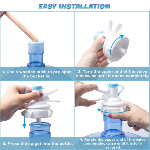 Two Pack Water Dispenser Valve For Five Gallon Jugs, Food Grade PP, Reusable And Built To Last For Office Home Camping Events, Fits Most Dispensers, Easy Install, Leak Free And Mess Free, shown installing on a 55mm jug
