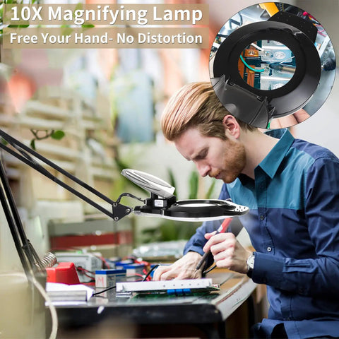 10X LED Magnifying Lamp With Clamp 2200 Lumen Dimmable Daylight Lighted Magnifier For Reading Repairs And Crafts Adjustable Swivel Arm Workhorse Bright Loupe Black