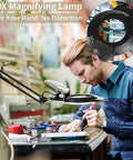 Man using 5X Magnifying Glass With Light And Stand LED Magnifying Lamp For Reading Crafts And Repairs with adjustable swing arm