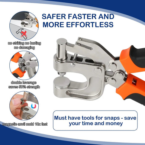 Must Have Leather Snap Fasteners Kit With Press Pliers, 90 Snap Sets in 12.5 15 and 17mm demonstrating ease of use and durability.