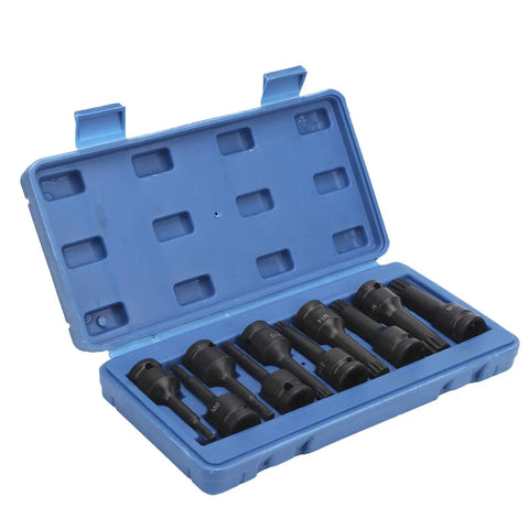 Grabsome 10 Piece Square Bit Socket Set Built Tough With Impact Ready CR-MO Steel Big Time Garage Gear For Heavy Duty Jobs Featuring M5 Through M18 Sizes Plus Nifty Storage Case You Gonna Love This Awesome Tool Kit, blue case open