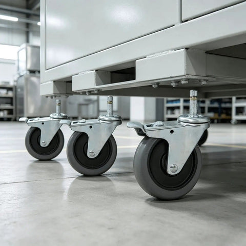Hella Quiet Rubber Swivel Caster Wheels Set With Dual Ball Bearings And Heavy Duty Galvanized Plate Stem on a shop cart