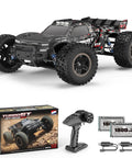 Fast Off Road RC Car 1/12 Scale 4WD Brushless Truck with kit including batteries, remote, and accessories on display