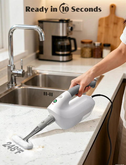 Level Up Your Routine With This Kickin 10 In 1 Steam Mop And Detachable Handheld Cleaner in use on a countertop.
