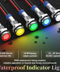 Rugged 12V LED Indicator Light Set Waterproof Metal Flat Head Pilot Lamps With Wire 6mm Showing Multi-Color Lights