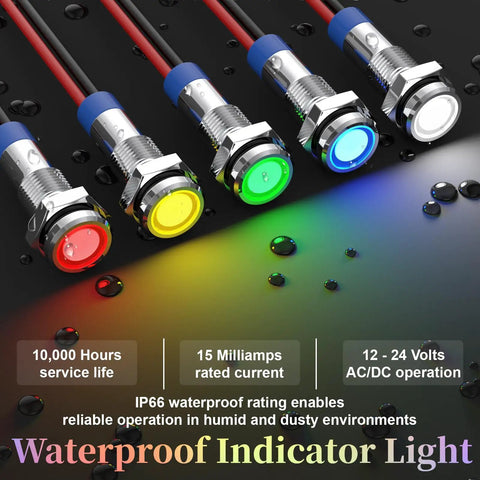 Rugged 12V LED Indicator Light Set Waterproof Metal Flat Head Pilot Lamps With Wire 6mm Showing Multi-Color Lights