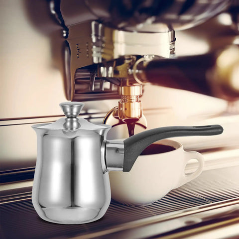 6 Ounce Turkish Coffee Pot With Lid Stainless Steel Saucepan Coffee Maker on espresso machine backdrop