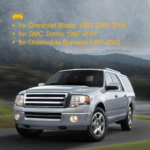 Chevy Blazer 1997-2005, GMC Jimmy 1997-2001, Oldsmobile Bravada 1997-2002, front view, SUV on road, Heavy Duty Rear Window Glass Lift Supports Pair For Chevy Blazer Gmc Jimmy Oldsmobile Bravada 1997 To 2005 Beefy Gas Struts Solid As Nails Hassle Free Installation Kit.