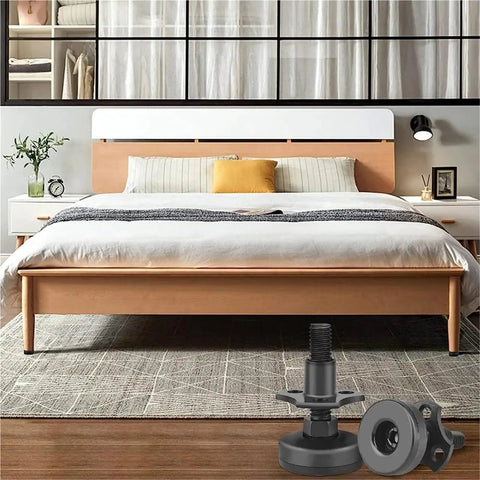 Beefed Up Heavy Duty Adjustable Leveling Feet Kit 12 Pcs Table Leg Levelers beside bed on carpeted floor