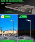 240W LED Parking Lot Light With Photocell, 33,600 Lumens, 5000K Daylight White, Type III Wide Distribution at day and night in parking lot
