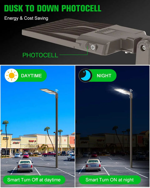 240W LED Parking Lot Light With Photocell, 33,600 Lumens, 5000K Daylight White, Type III Wide Distribution at day and night in parking lot