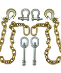 Built To Tow Heavy Duty Safety Chains Kit For 5th Wheel And Gooseneck Towing Universal Rail Or Gooseneck Connection Gold Finish Up To 24,000 Lb Capacity Easy Install With All Components Included, showing gold chains and connectors