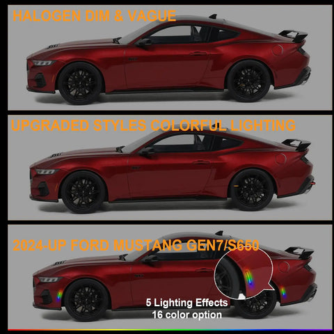 Ford Mustang S650 RGB LED Side Marker Lights Kit Smoked Lens Front And Rear Bumper Lamps on Gen7 Mustang with 16 Color Options
