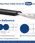 4 Foot Floor Cord Cover Black For Single Cable Hiding And Cable Management Cord Hider To Prevent Trips Wire Protector For Power Cords Ethernet And Speaker Cables On Open Floors Or Countertops with size reference chart and cable types.