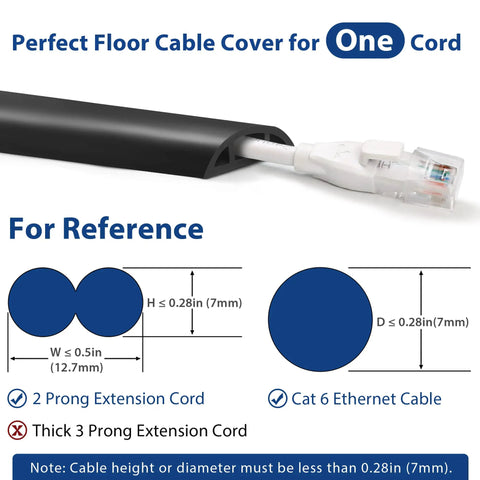 4 Foot Floor Cord Cover Black For Single Cable Hiding And Cable Management Cord Hider To Prevent Trips Wire Protector For Power Cords Ethernet And Speaker Cables On Open Floors Or Countertops with size reference chart and cable types.