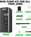 2 In 1 Mini Electric Bike Pump With LED Headlight And Digital Gauge Portable 150 PSI Tire Inflator kit components