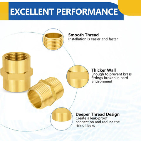 10 Pack Brass Pipe Fittings 1 Inch Male Adapter and 1 Inch Female Adapter NPT Hex Nipples for Plumbing features.