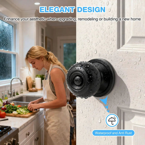 Kitchen view with Six Pack Matte Black Interior Door Knobs for Bedroom and Bathroom Privacy Round Ball Design on door