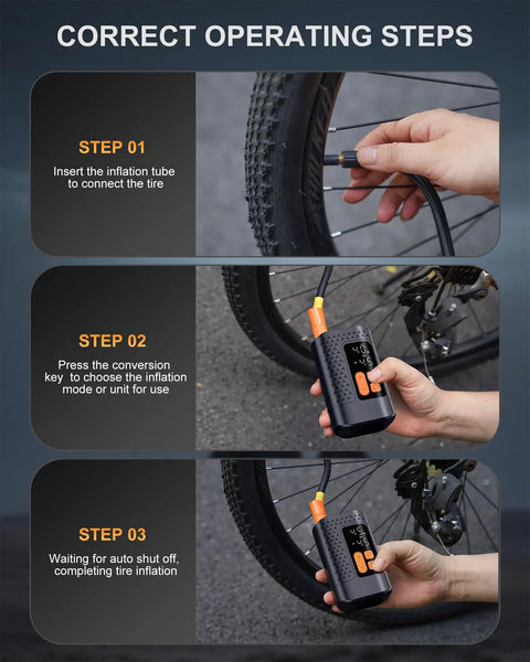 Instructions showing how to use the 4X Faster Dope Bike Floor Pump With Gauge And Auto Stop 160 PSI Compact Mini Pump for Presta and Schrader valves.