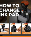 Heavy Duty Self Inking Date Stamp Featuring Sleek Black Ink And Comfortable Ergonomic Design With An Extra Large Month Day Year Layout that shows changing ink pad steps.