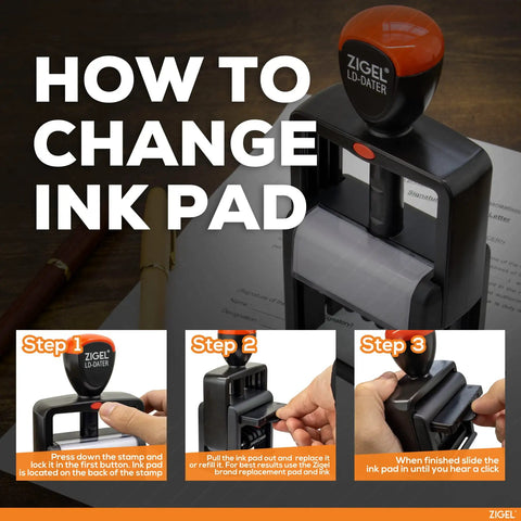 Heavy Duty Self Inking Date Stamp With Ergonomic Grip And Smooth Rolling Black Ink showing ink pad change steps, clear instructions.