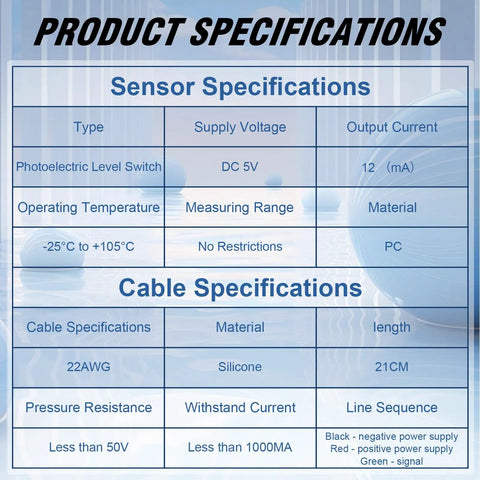 Specification chart for Photoelectric Water Level Sensor For Raspberry Pi And Arduino With Open Collector Output Optical Liquid Level Sensor