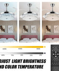 Lit Crystal Ceiling Fan With Lights 42 Inch LED Remote in various color temperatures over a bedroom setting.
