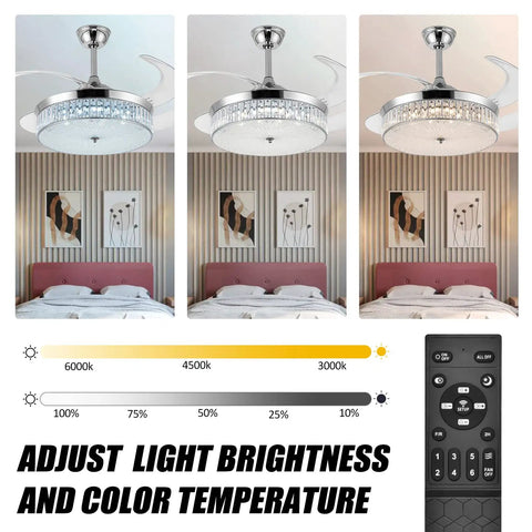 Lit Crystal Ceiling Fan With Lights 42 Inch LED Remote in various color temperatures over a bedroom setting.